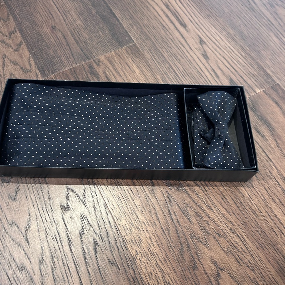 Van Heusen Black dress cumber-bun with gold pin Dots and Bow Tie.  Adjustable